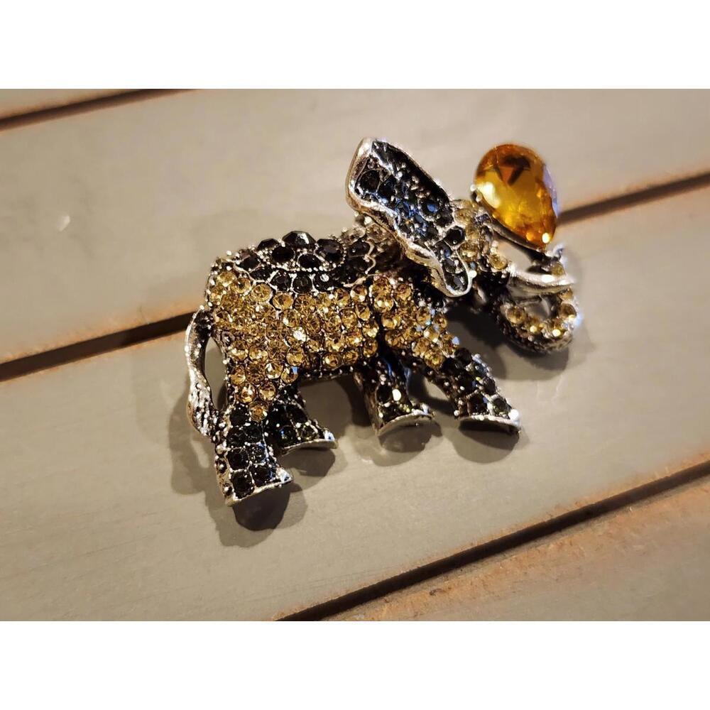 Yellow and black rhinestone elephant pin